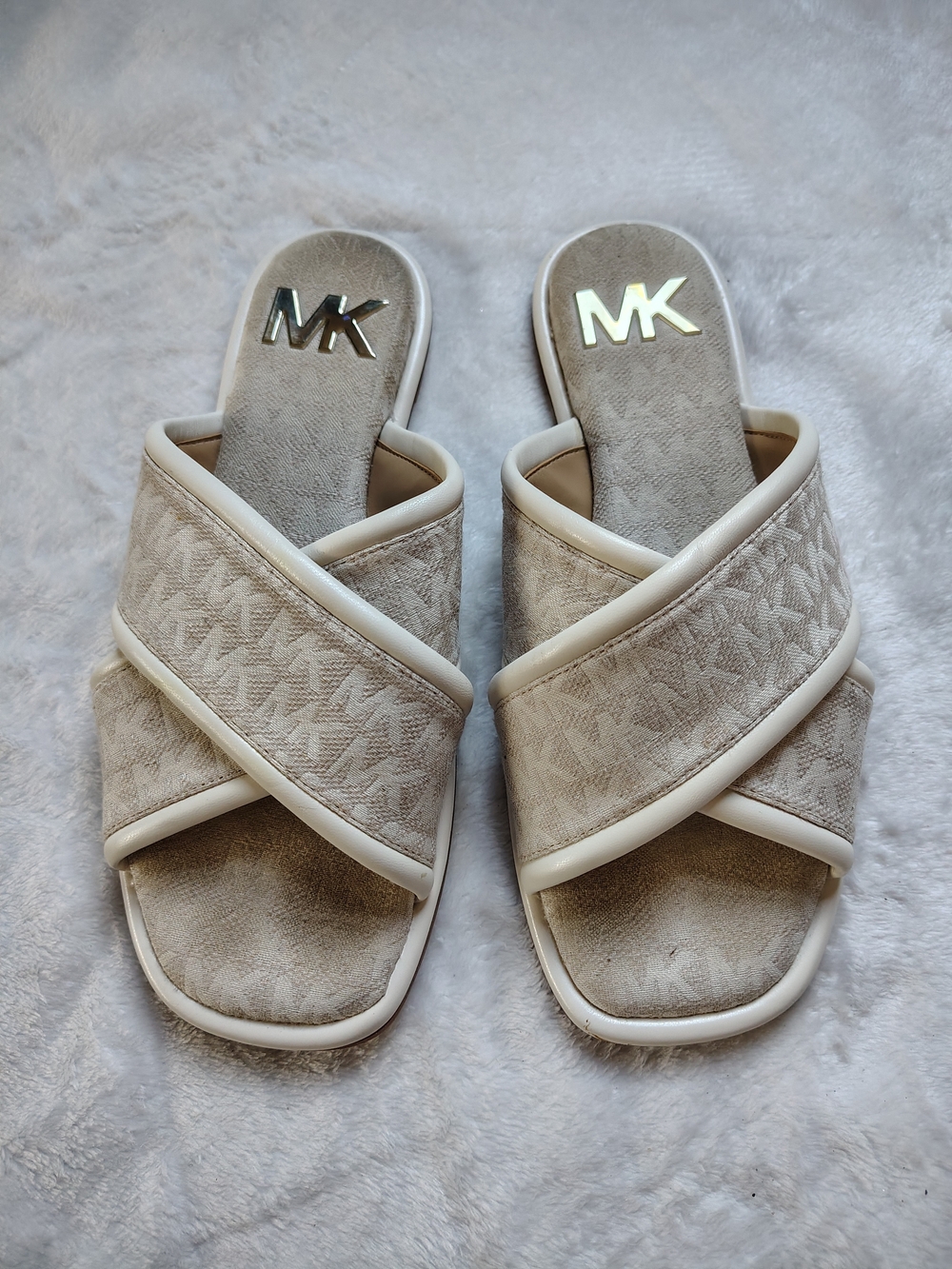 Michael Kors White MK Crossband Slide Sandals Sz. 8